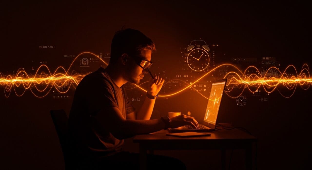 Fundador expuesto a luz optimizada usando tecnología wearable para mejorar función cognitiva y bienestar en el ecosistema startup.