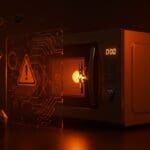 Microondas con LED degradado iluminado que simboliza fallos en diseño de producto hardware e IoT, destacando calidad y fiabilidad en startups.