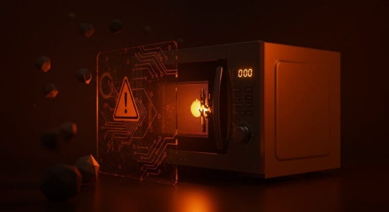 Microondas con LED degradado iluminado que simboliza fallos en diseño de producto hardware e IoT, destacando calidad y fiabilidad en startups.