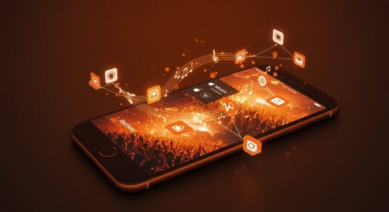 Interfaz de la app Festiveo conectando Apple Music con festivales, mostrando integración y personalización para planificación de eventos musicales.