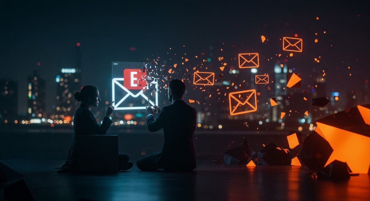 Fallo en cumplimiento de email RFC 5322 por fintech europea Viva.com, representado con interfaz digital y simbolismo de infraestructura técnica deficiente.