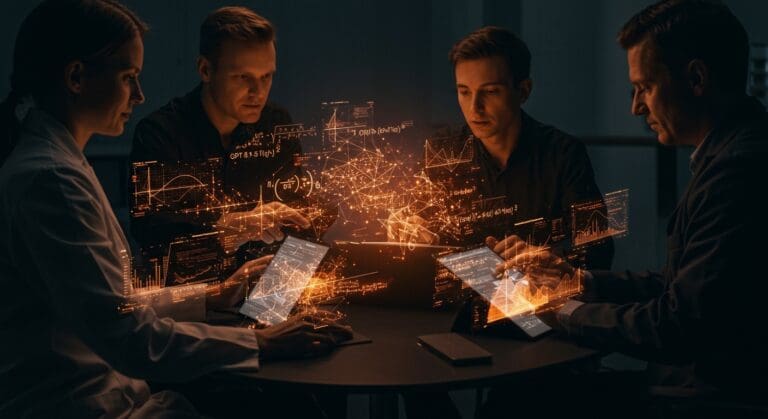 Matemáticos colaborando con inteligencia artificial avanzada para resolver problemas matemáticos de investigación en un entorno tecnológico.