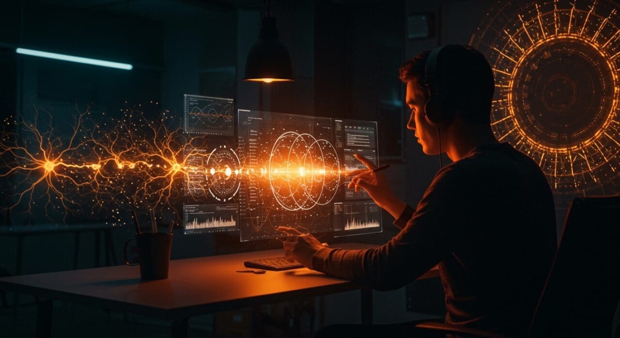 Startup tech founder trabajando con visualizaciones holográficas de física de partículas e inteligencia artificial en un entorno futurista.