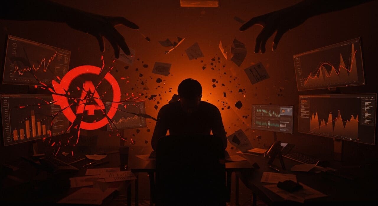 Fraude interno y quiebra de la startup Foccuz representados con una escena dramática en tonos naranja y negro destacando riesgos de inversión y gobernanza startup.