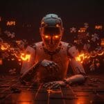 Representación visual de un agente de IA fragmentado mostrando el costo oculto de arquitecturas de franken-stack en automatización empresarial y seguridad API.