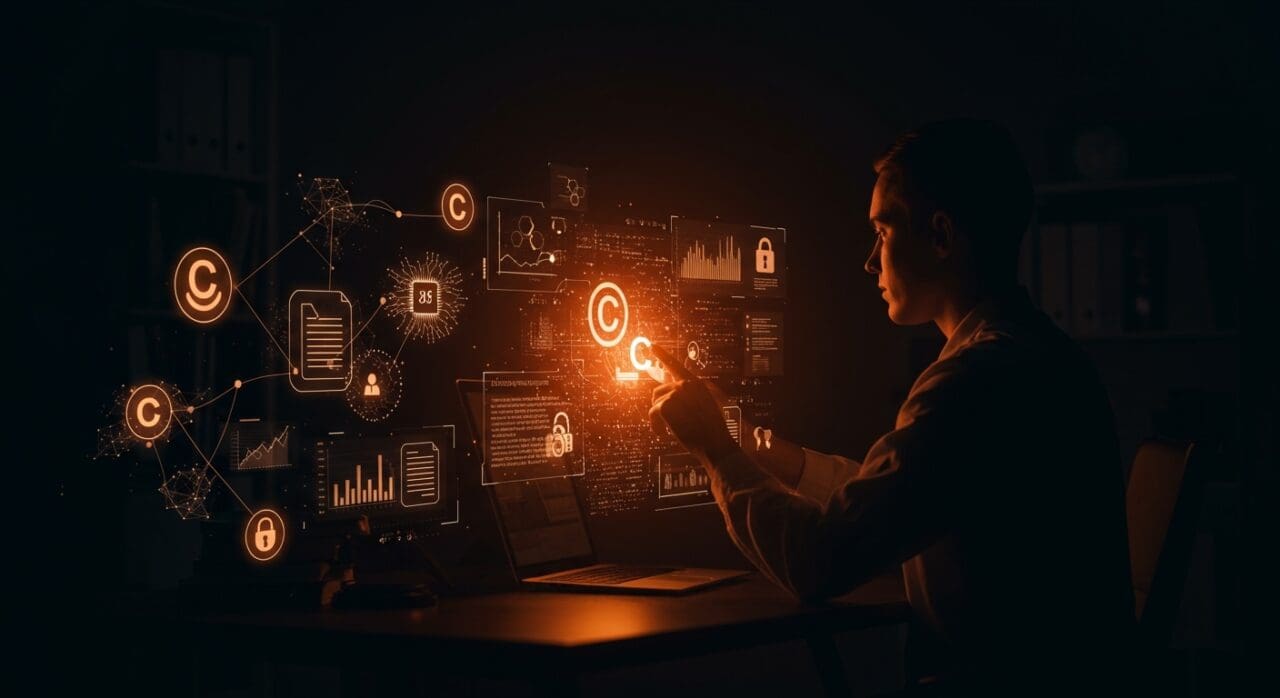 Investigación legal impulsada por inteligencia artificial y legaltech con metáforas visuales de copyright y acceso a datos en entorno tecnológico.