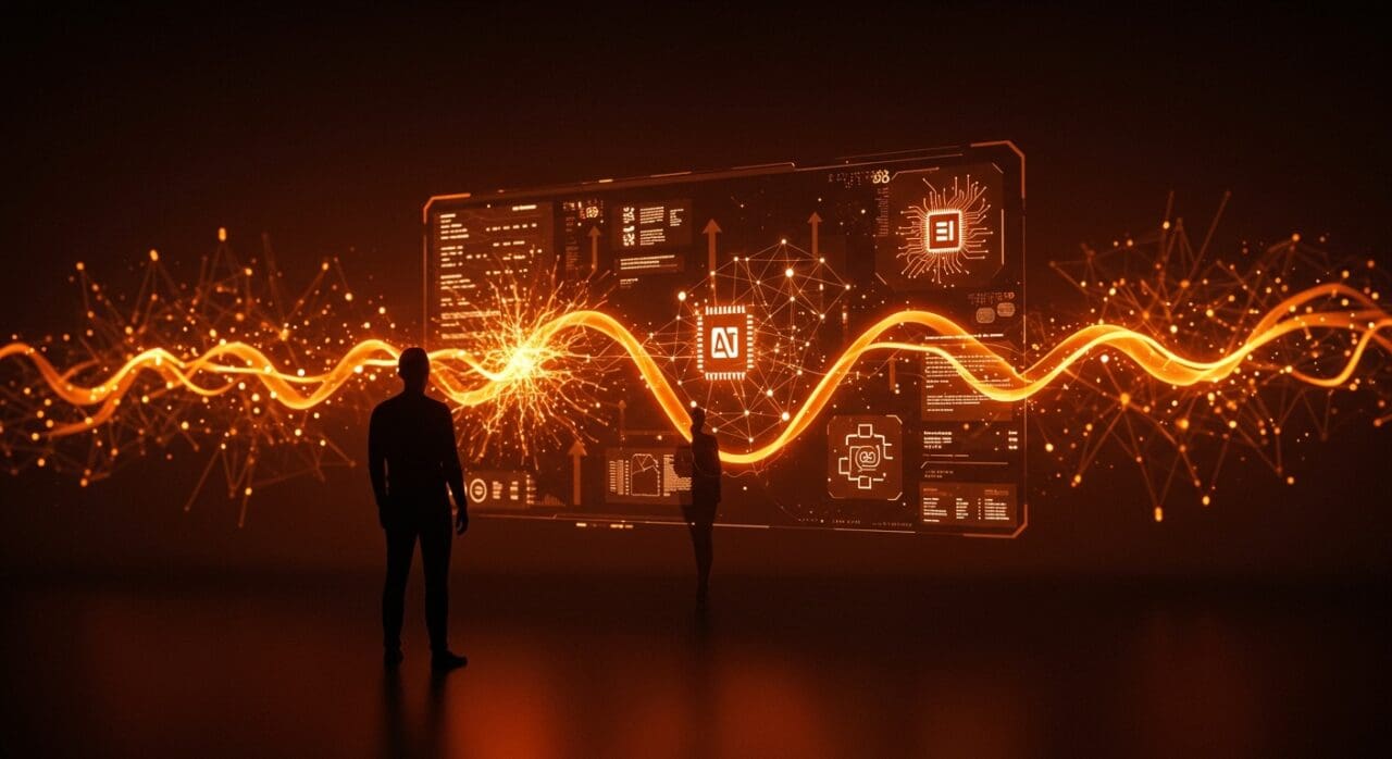 Fundador tecnológico frente a interfaz digital futurista mostrando IA y plataformas low-code, simbolizando el futuro de la programación y la transformación digital para startups.