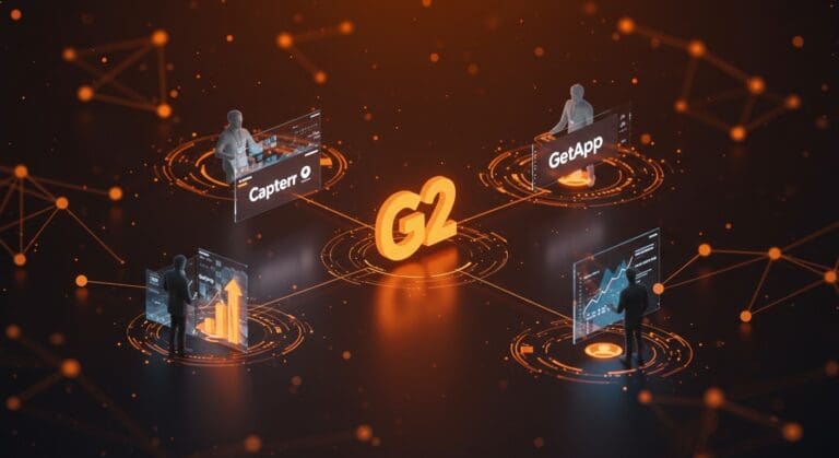 Impacto de la adquisición de Capterra, Software Advice y GetApp por G2 en el ecosistema SaaS y founders LATAM, representado con conexiones digitales y metáforas de inteligencia artificial.