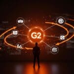 Influencia dominante de G2 en el mercado de software B2B con representaciones visuales de consolidación y descubrimiento tecnológico.