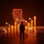 Garry Tan y su influencia política en California representada con elementos digitales y metáforas del ecosistema startup y la inversión tecnológica.