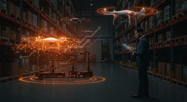 Drones autónomos operando en almacén inteligente con IA y liderazgo de Keith Block en financiamiento de startups tecnológicas.