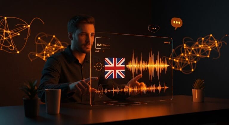 Generador de voz IA con acento británico en un entorno startup tecnológico, destacando automatización de audio para creadores de contenido.