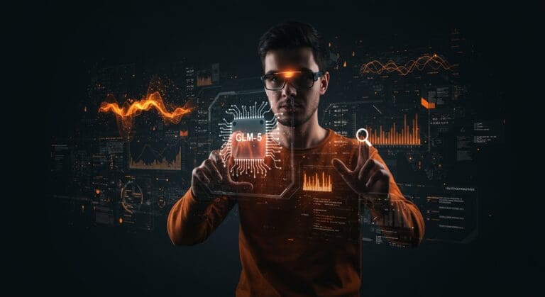 Fundador interactuando con modelo de IA GLM-5 de Z.ai para automatización y escalabilidad en startups tech.