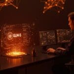 Investigador de inteligencia artificial trabajando con el modelo open source GLM-5 en un entorno tecnológico avanzado, destacando su baja tasa de alucinaciones en IA.