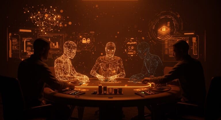 Imagen de benchmarking de IA en póker y Werewolf por Google DeepMind en Game Arena con conceptos de seguridad y modelos avanzados.