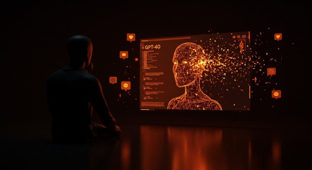 Imagen conceptual que representa la desactivación de GPT-4o y las lecciones éticas en inteligencia artificial para founders tech, destacando relaciones parasociales y dependencia emocional con IA.