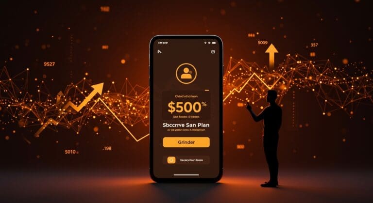 Smartphone mostrando plan premium AI-first de Grindr y fundador analizando estrategia de monetización SaaS con IA.