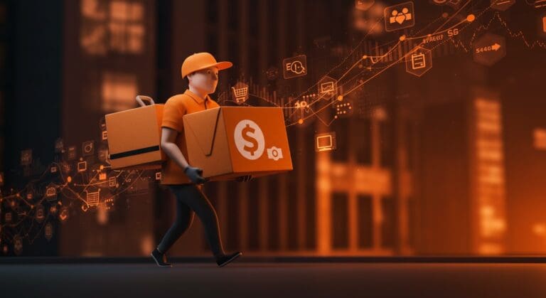 Repartidor de food delivery con gran pedido destacando eliminación de tarifas por encima de 50 dólares, representando tendencias y competencia en el mercado delivery.