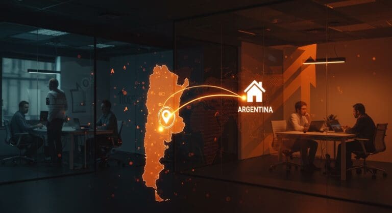 Mapa digital de Argentina resaltando la adquisición de Pulppo por Habi, simbolizando la expansión del proptech unicornio colombiano en Argentina.