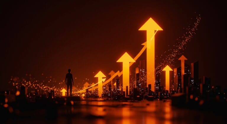 Silueta de fundador frente a una ciudad futurista que representa la escalabilidad y adquisición de Heroku bajo Salesforce en startups SaaS.