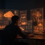 Fundador visualizando infraestructura cloud segura y AI empresarial, reflejando el modelo sostenible de Heroku para startups.