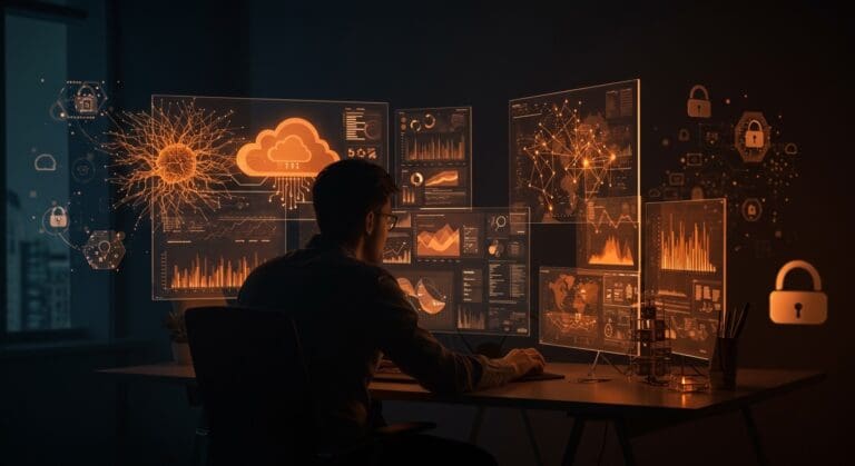 Fundador visualizando infraestructura cloud segura y AI empresarial, reflejando el modelo sostenible de Heroku para startups.