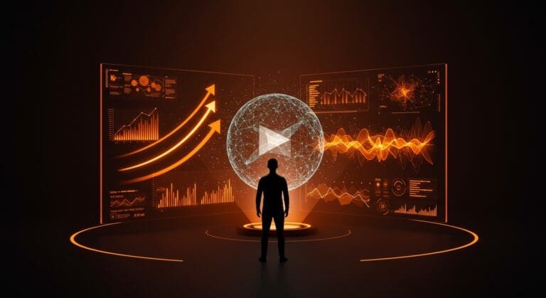 Fundador de startup de video IA frente a visualizaciones digitales, simbolizando innovación y crecimiento acelerado tras ronda de funding.