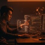 Desarrollador usando Guile Hoot para compilar Scheme a WebAssembly con garbage collection nativo, ilustrando innovación en automatización y desarrollo web.