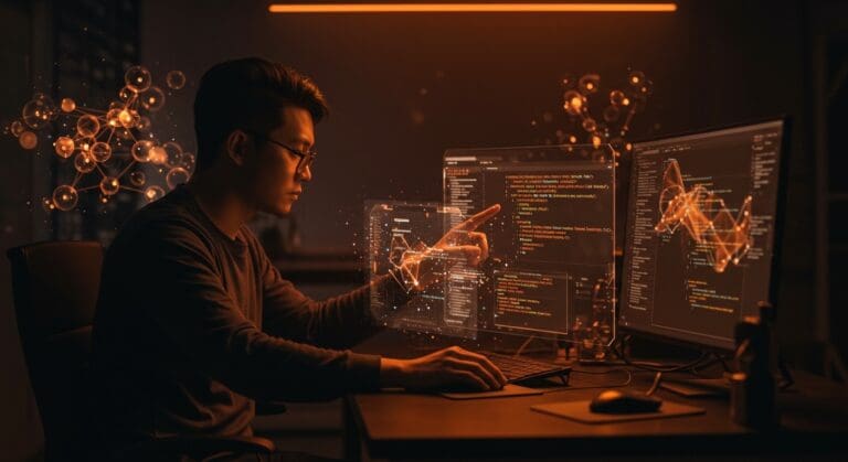 Desarrollador usando Guile Hoot para compilar Scheme a WebAssembly con garbage collection nativo, ilustrando innovación en automatización y desarrollo web.