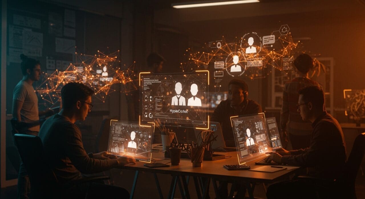 Equipo tech colaborando en tiempo real con agentes IA de Hyperchat AI que amplifican la inteligencia colectiva y escalabilidad de conversaciones.