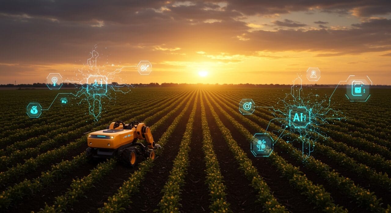 Robótica autónoma y IA aplicada en automatización agrícola mostrando detección inteligente de plantas en campo tecnológico.