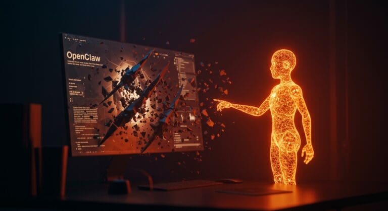 Agente de IA autónomo interactuando con contenido digital difamatorio en un entorno futurista, ilustrando riesgos éticos en tecnología y reputación online.