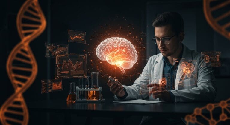 Founder usando inteligencia artificial y biotecnología para investigar tumor cerebral en un entorno futurista y tecnológico.
