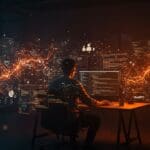 Impacto de la inteligencia artificial en programación y desarrollo de software representado con un programador y elementos visuales abstractos de IA y automatización en tonos naranja y negro.