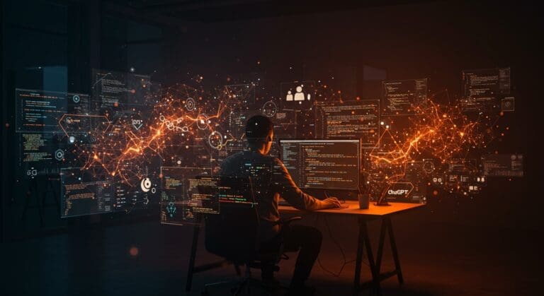 Impacto de la inteligencia artificial en programación y desarrollo de software representado con un programador y elementos visuales abstractos de IA y automatización en tonos naranja y negro.