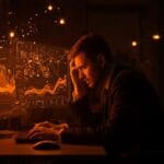 Profesional bajo estrés laboral debido a la inteligencia artificial, ilustrando aumento de carga laboral y burnout tecnológico en startups.