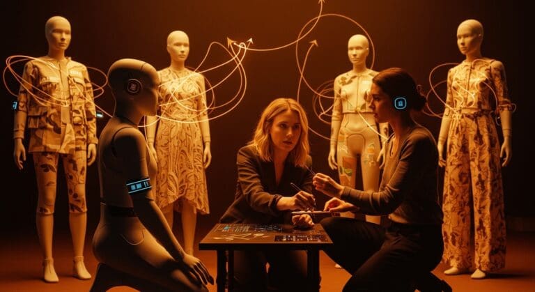 Kate Barton colaborando con IA de IBM y Fiducia AI en NYFW, mostrando innovación y tecnología en moda con inteligencia artificial.