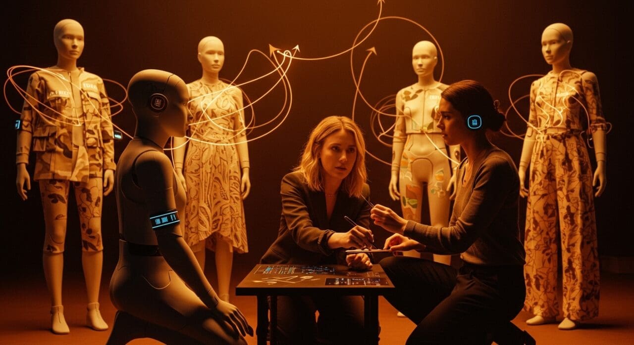 Kate Barton colaborando con IA de IBM y Fiducia AI en NYFW, mostrando innovación y tecnología en moda con inteligencia artificial.
