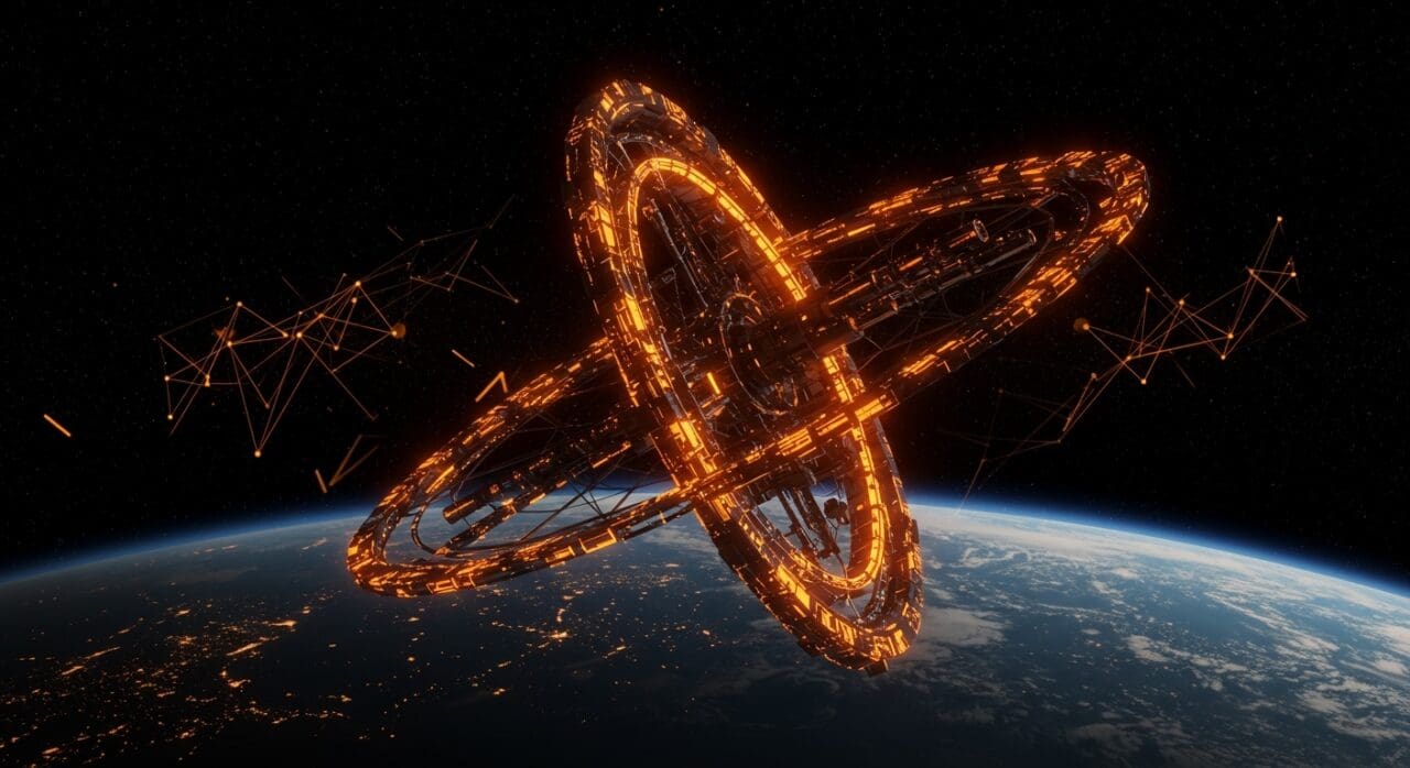 Centro de datos orbital de IA en órbita con metáforas visuales de costos tecnológicos y economía espacial en infraestructura de inteligencia artificial.