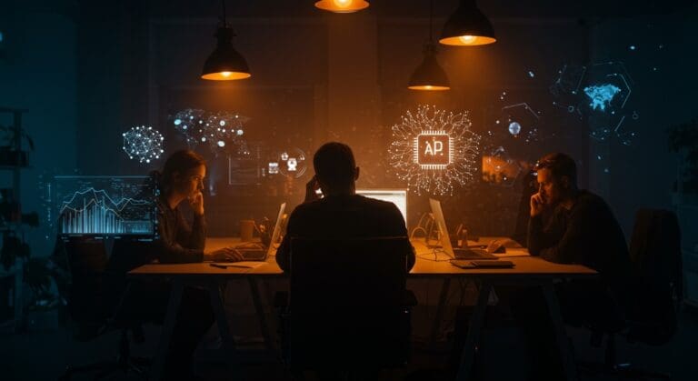 Equipo tecnológico de startup enfrentando burnout y gestión de productividad con inteligencia artificial en ambiente laboral moderno.