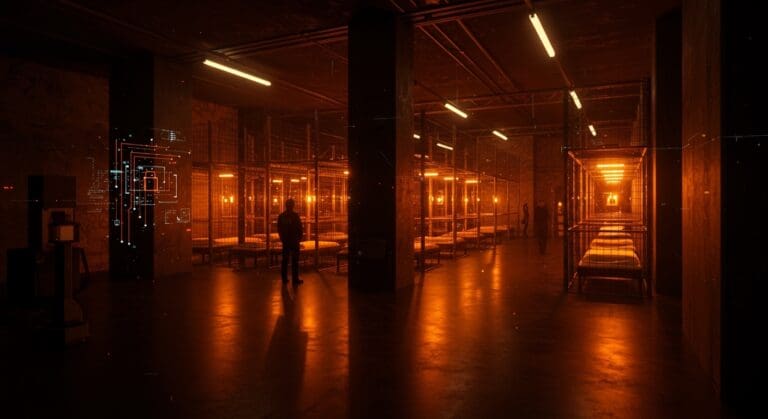 Mega centros de detención de ICE iluminados en paleta naranja y negro, destacando la inversión en infraestructura, automatización y seguridad en tecnología B2G.