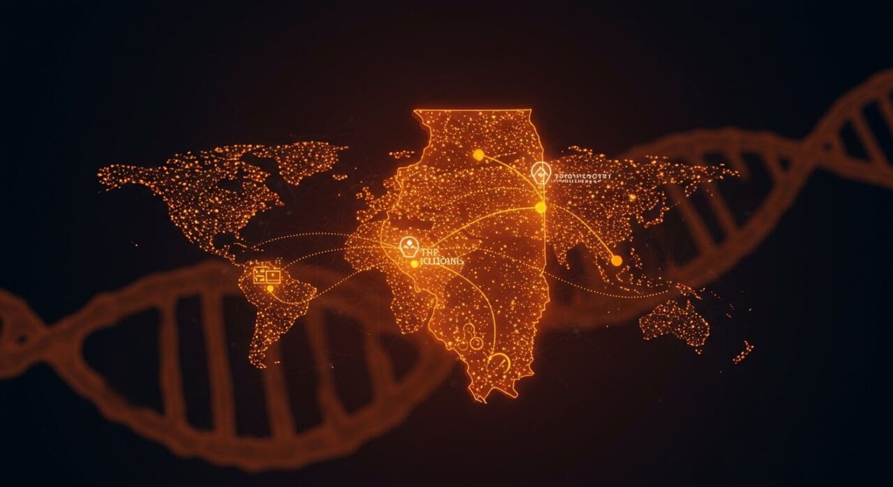 Mapa digital de Illinois conectado a la red global de salud de la OMS GOARN con símbolos de vigilancia epidemiológica y secuenciación genética en salud pública.