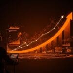 Emprendedor frente a un horizonte digital con símbolos de tecnología deep tech y crecimiento, representando las nuevas regulaciones y el funding en startups deep tech en India.