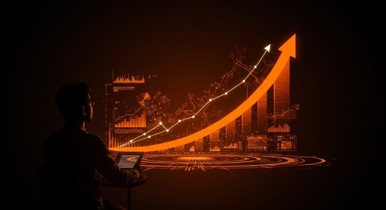 Emprendedor frente a un horizonte digital con símbolos de tecnología deep tech y crecimiento, representando las nuevas regulaciones y el funding en startups deep tech en India.