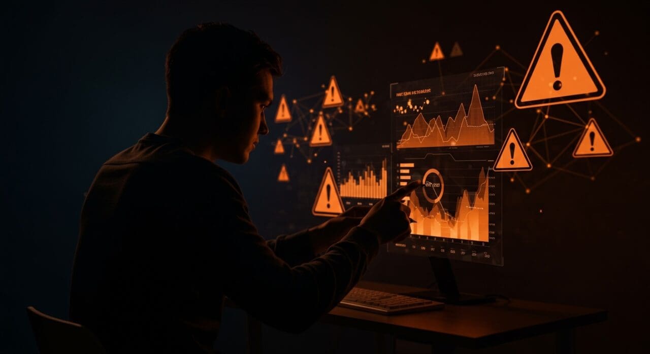 Founder de fintech analizando señales de alerta de fraude tecnológico en el ecosistema startup con gráficos digitales en tonos naranja y negro.