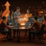 Startup B2B colaborando en un espacio digital innovador con visuales de analítica y pagos, destacando convocatoria INNPACTA 2026 y premio de US$10.000.