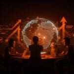 Grupo de emprendedores colombianos colaborando alrededor de un globo digital que representa la internacionalización de startups tecnológicas.