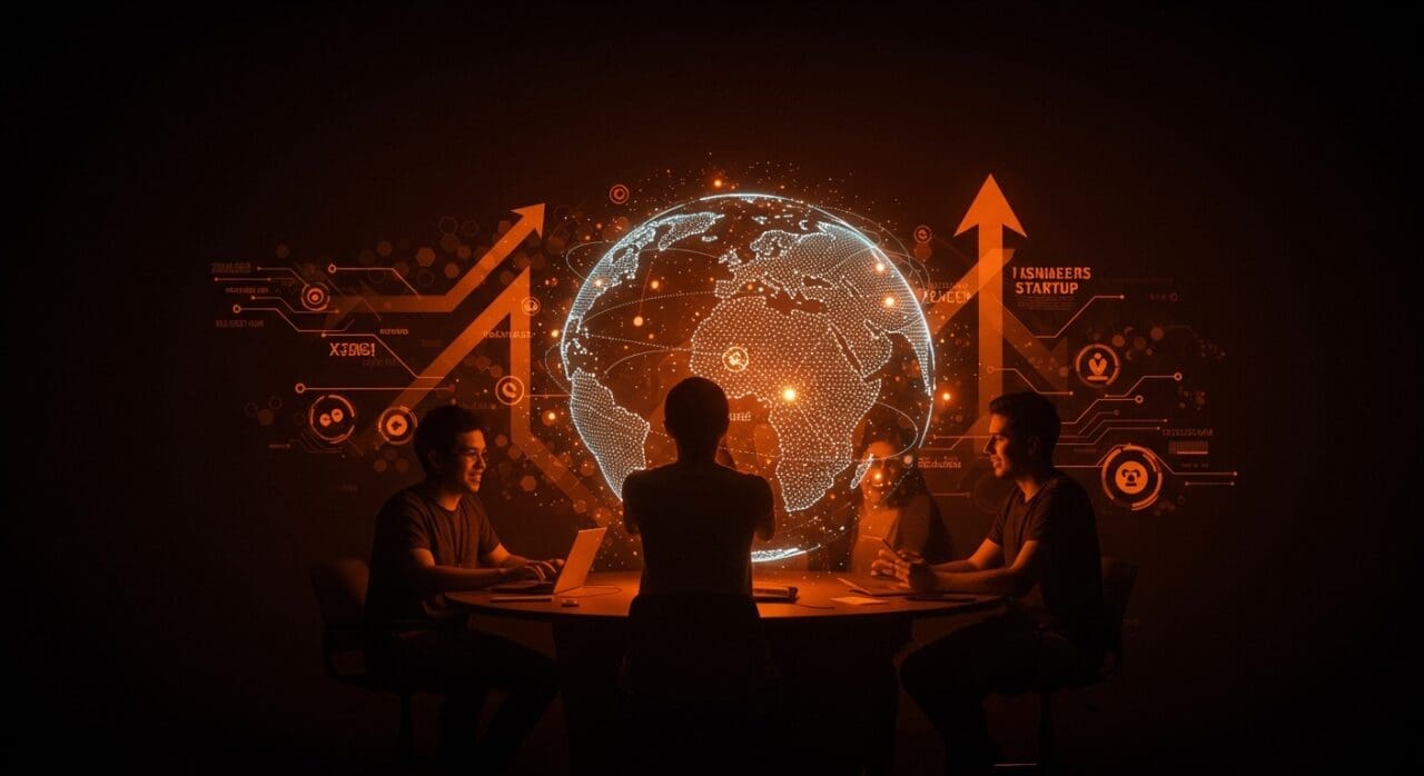 Grupo de emprendedores colombianos colaborando alrededor de un globo digital que representa la internacionalización de startups tecnológicas.