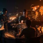 Internacionalización de startups colombianas mostrando emprendedores trabajando con mapas digitales y rutas de expansión global en ecosistema tech latinoamericano.