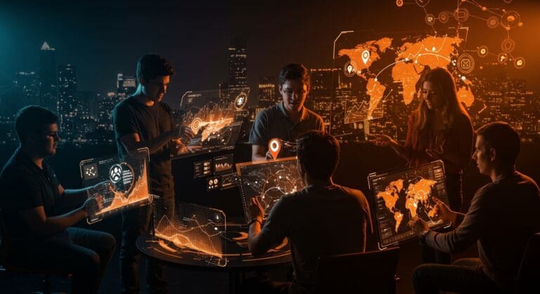 Internacionalización de startups colombianas mostrando emprendedores trabajando con mapas digitales y rutas de expansión global en ecosistema tech latinoamericano.